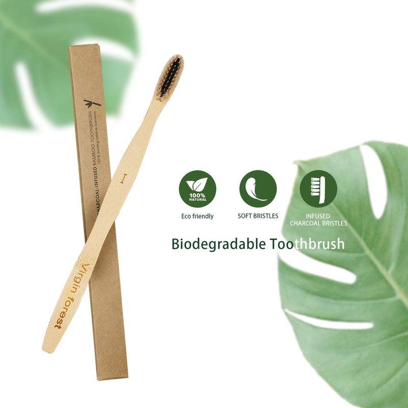Virgin Forest Bamboo Toothbrush, Biodegradable Soft Bristles Toothbrushes, Wooden Toothbrush with Wave-Shaped Two-Color Bristles and Larger Thicker Handle (6 Pcs) - Image 4
