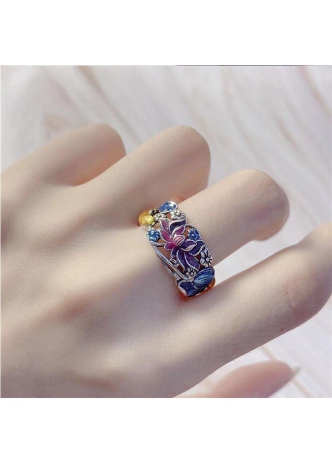 Enamel hollow lotus carp finger ring--Jewelry ring Personalized versatile tide models hip-hop street retro Europe and the United States tide men and women Arts and culture wind Jewelry open ring (colour)  - Image 3