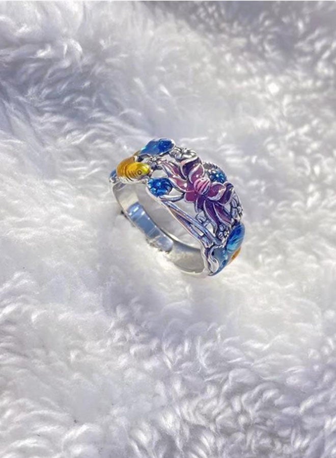 Enamel hollow lotus carp finger ring--Jewelry ring Personalized versatile tide models hip-hop street retro Europe and the United States tide men and women Arts and culture wind Jewelry open ring (colour)  - Image 1