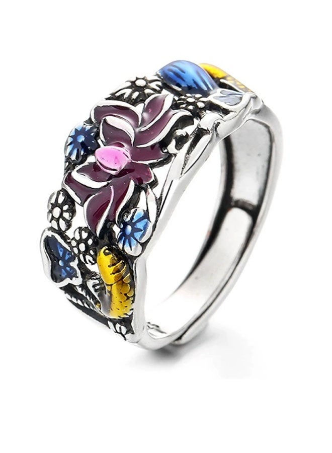 Enamel hollow lotus carp finger ring--Jewelry ring Personalized versatile tide models hip-hop street retro Europe and the United States tide men and women Arts and culture wind Jewelry open ring (colour)  - Image 2