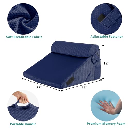 Bedluxe 3Pcs Orthopedic Bed Wedge Pillow Set, Foam Wedge Pillow Post Surgery for Back, Leg and Knee Support, Adjustable 9&12 Inch Folding Triangle Pillow for Sleeping, Acid Reflux, Snoring, Navy - Image 3