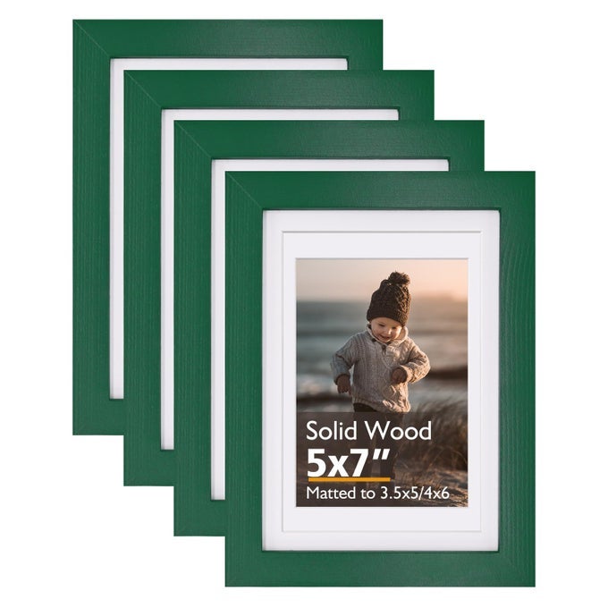 5X7 PICTURE FRAMES GREEN WOOD FRAMES WITH ACRYLIC PLEXIGLASS FOR 35X54X6 WITH MAT OR 5X7 WITHOUT MAT TABLETOP AND WALL MOUNTING DISPLAY SET OF 4