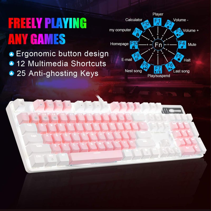MageGee Mechanical Gaming Keyboard, New Upgraded Blue Switch 104 Keys White Backlit Keyboards, USB Wired Mechanical Computer Keyboard for Laptop, Desktop, PC Gamers(White & Pink) - Image 4