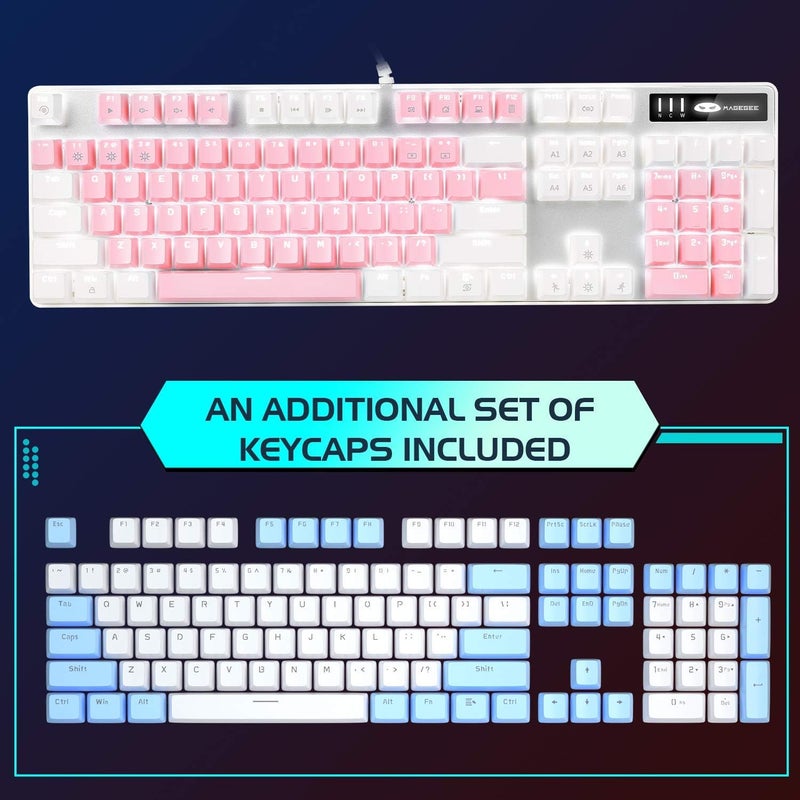 MageGee Mechanical Gaming Keyboard, New Upgraded Blue Switch 104 Keys White Backlit Keyboards, USB Wired Mechanical Computer Keyboard for Laptop, Desktop, PC Gamers(White & Pink) - Image 5