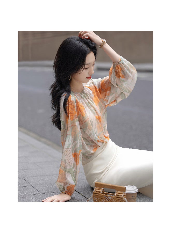 dme Demna "Love Wearing Floral Shirts" Series Spring Diamond Chiffon Shirt With Big Sleeves And Flesh-Hiding Blouse Women'S Top - Image 1