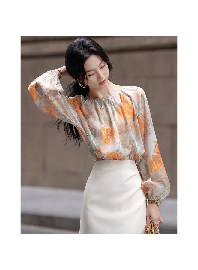 dme Demna "Love Wearing Floral Shirts" Series Spring Diamond Chiffon Shirt With Big Sleeves And Flesh-Hiding Blouse Women'S Top - Image 2