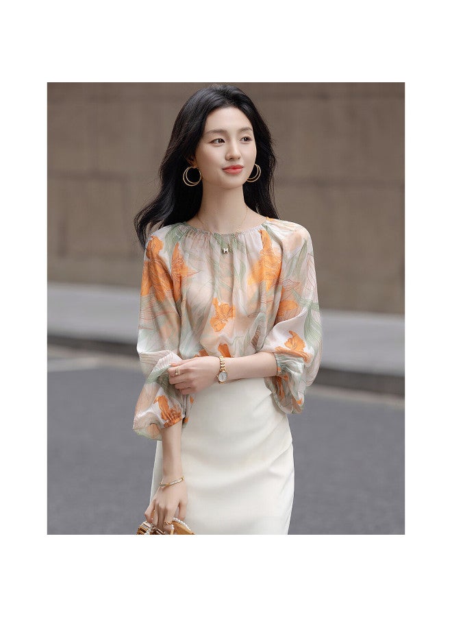 dme Demna "Love Wearing Floral Shirts" Series Spring Diamond Chiffon Shirt With Big Sleeves And Flesh-Hiding Blouse Women'S Top - Image 3