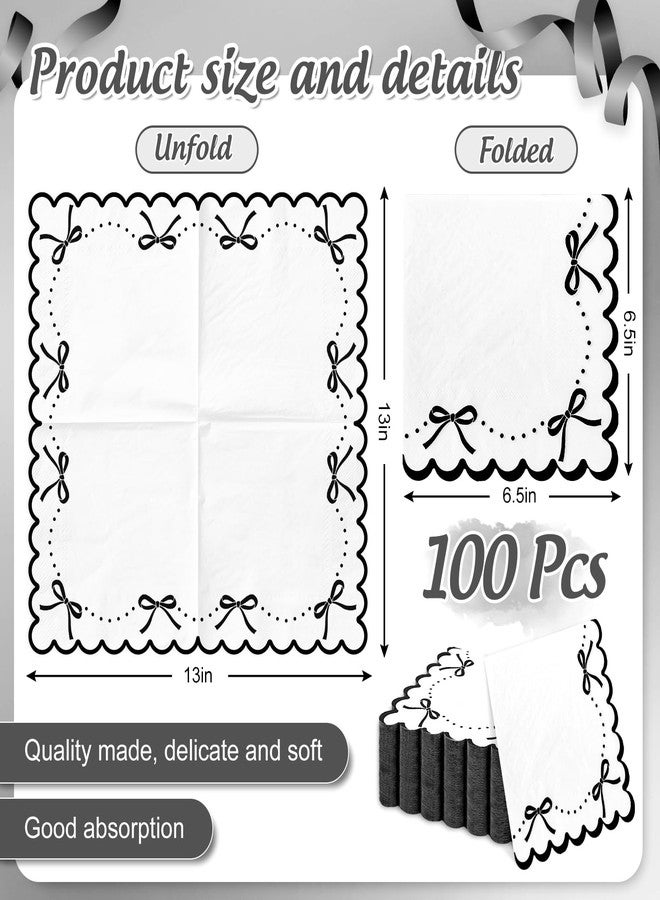 JarThenaAMCS 100Pcs Black Bow Paper Napkin Scalloped Bowknot Luncheon Napkin Disposable Dinner Napkins for Home Kitchen Party Supplies - Image 2