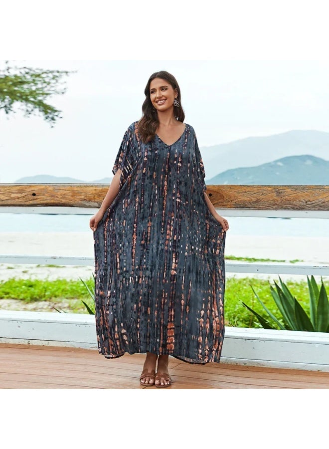 European And American Rayon Tie-dyed Beach Jumpsuit Long Dress Loose Robe Bikini Swimsuit Outer Blouse Sun Protection Shirt-Color:ZS1657-15 Black And Green-  - Image 4