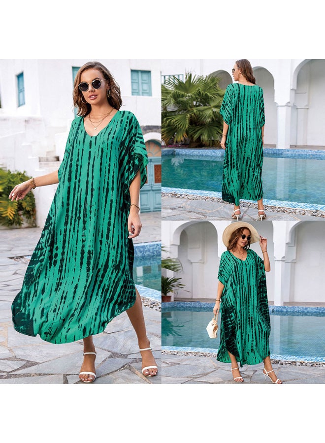 European And American Rayon Tie-dyed Beach Jumpsuit Long Dress Loose Robe Bikini Swimsuit Outer Blouse Sun Protection Shirt-Color:ZS1657-15 Black And Green-  - Image 1