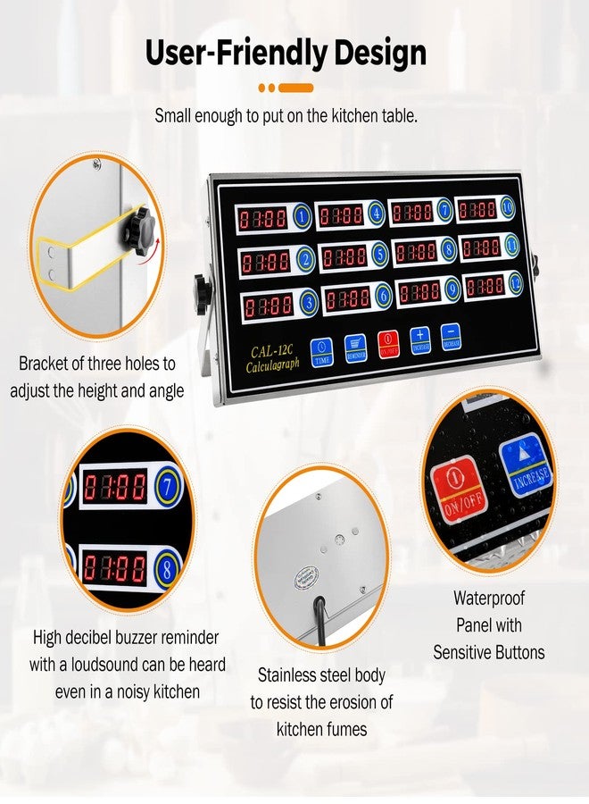 BEAMNOVA 12 Channels Digital Kitchen Timer for Cooking Loud Alarm Stainless Steel Clock Hours and Minutes Seconds Volume Control Electronic Calculator - Image 4