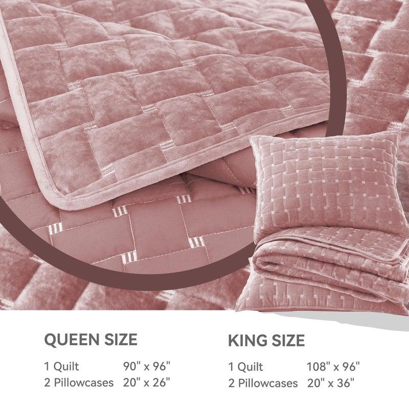 Grassix Velvet Quilt Set King Size, 3 Pieces Lightweight Velvet Comforter with Pillow Shams, Geometric Quilted Bedspread Coverlet Bedding Set for All Seasons, Blush Pink, 108"x96" - Image 5