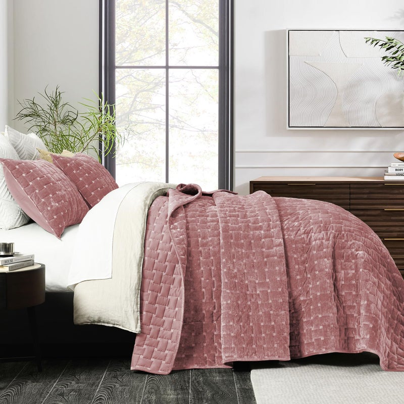 Grassix Velvet Quilt Set King Size, 3 Pieces Lightweight Velvet Comforter with Pillow Shams, Geometric Quilted Bedspread Coverlet Bedding Set for All Seasons, Blush Pink, 108"x96" - Image 1