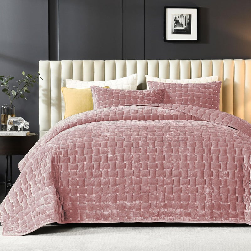 Grassix Velvet Quilt Set King Size, 3 Pieces Lightweight Velvet Comforter with Pillow Shams, Geometric Quilted Bedspread Coverlet Bedding Set for All Seasons, Blush Pink, 108"x96" - Image 4