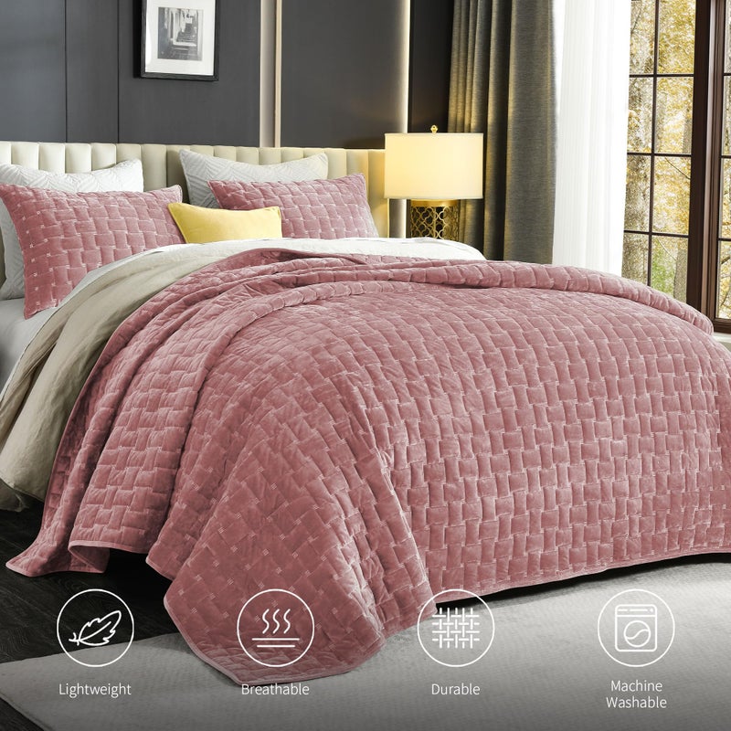 Grassix Velvet Quilt Set King Size, 3 Pieces Lightweight Velvet Comforter with Pillow Shams, Geometric Quilted Bedspread Coverlet Bedding Set for All Seasons, Blush Pink, 108"x96" - Image 2
