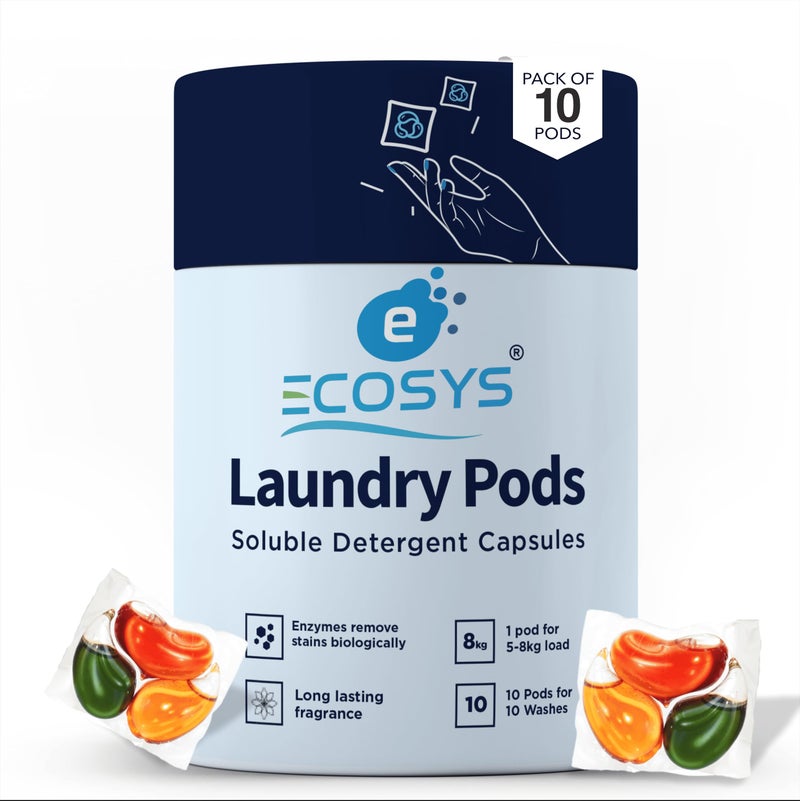 Ecosys 3-in-1 Dissolvable Magic Laundry Pods for 10 washes: Bio Enzymes Infused, Tough Stain Fighter for Top & Front Load with Floral Aroma,1 Pod = 1 Wash for 5-7kg - Image 1