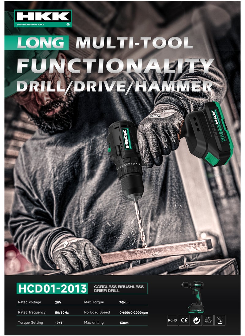 HKK HKK 20V Cordless Brushless Drill – 2.0Ah Battery, 70Nm Torque, 19+1 Settings, 2-Speed 0–2000RPM, 13mm Keyless Chuck  - Image 2