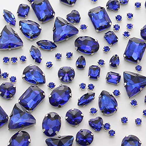 TANOSII Sew on Rhinestones 100 PCS Mixed Shapes Glass Rhinestones Sew on Crystal Gems Mental Flatback with Silver Claw for Jewelry Crafts Clothes Shoes Costume Garment Sapphire Blue - Image 1