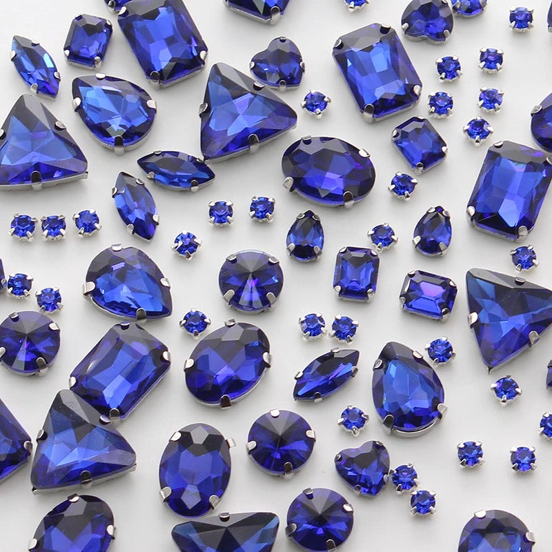TANOSII Sew on Rhinestones 100 PCS Mixed Shapes Glass Rhinestones Sew on Crystal Gems Mental Flatback with Silver Claw for Jewelry Crafts Clothes Shoes Costume Garment Sapphire Blue - Image 3