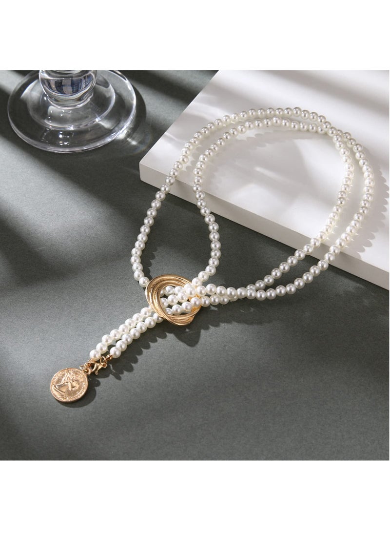 SYOSI - Long Pearl Necklaces, Costume Jewellery for Women, Retro Metal Pearl Necklace Elegant Lady White Artificial Pearls Long Sweater Chain Beaded Necklace, 31In Faux Pearls Art Fashion Lovely - Image 1