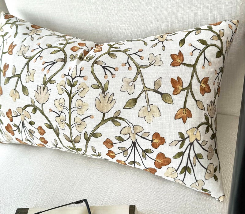 YugTex Burnt Orange Vine Floral Print Lumbar Pillow Cover - 14x24 Inch Cotton Blend - Zea Garden - Image 2