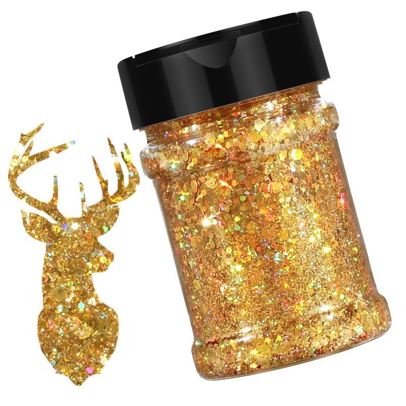 HTVRONT Gold Glitter for Crafts 100g Holographic Chunky Glitter for Resin Iridescent Glitter for Nail Decor Art