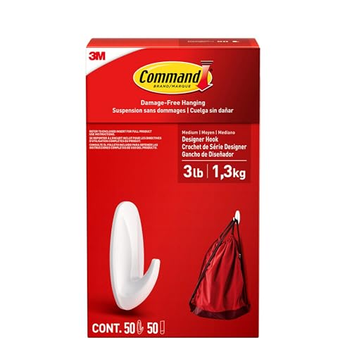Command Medium Designer Hooks Value Pack, Damage-Free Hanging Wall Hooks with Adhesive Strips, No Tools Wall Hooks for Decorations in Living Spaces, 50 Sets of 1 Hook and 1 Strip - Image 1