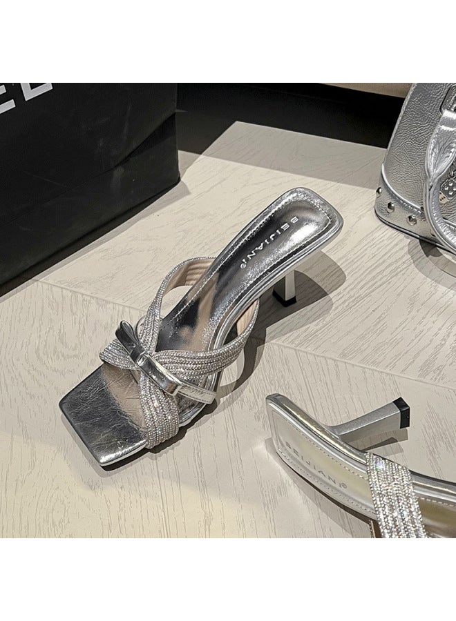2503-8 White Skinny ~ Cross Rhinestone Bow Temperament Square Open Toe High Heel Slippers Women Wear Sandals