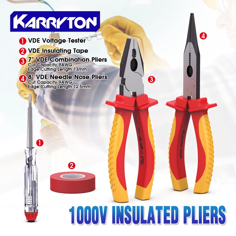 KARRYTON مجموعة أدوات كهربائية معزولة من كاريتون 14 قطعة 1000 فولت، مجموعة أدوات كهربائية معتمدة من VDE مع كماشة، مفكات، جهاز اختبار الفولتية، مع حقيبة شاملة، مثالية لإصلاح الكهرباء في المنزل والصناعة - Image 5