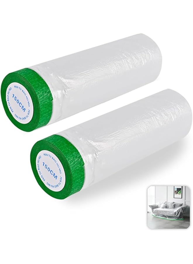 PROMASS promass 2 Pack Pre-Taped Drop Film – 59'' x 65ft Pre-Taped Masking Film with Updated Tape and Drape for Painting Projects, Interior Coating, Baseboards, and Furniture Protection  - Image 1