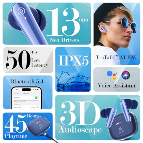 pTron Basspods Tour TWS Earbuds with 3D AudioScape, 45Hrs Playtime, TruTalk AI-ENC Calls, 50ms Low Latency Sync, BT v5.3, Type-C Fast Charging, Voice Asst. & IPX5 Water Resistant (Blue) - Image 2