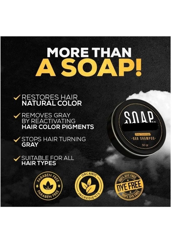 Black Soap Grey Coverage Bar Shampoo 50g, hair darkening soap bar with botanical herbal extracts for hair growth and dye free solution to gray hair