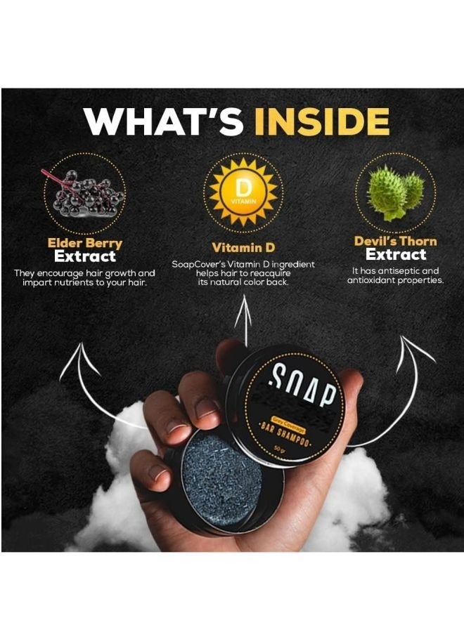Black Soap Grey Coverage Bar Shampoo 50g, hair darkening soap bar with botanical herbal extracts for hair growth and dye free solution to gray hair
