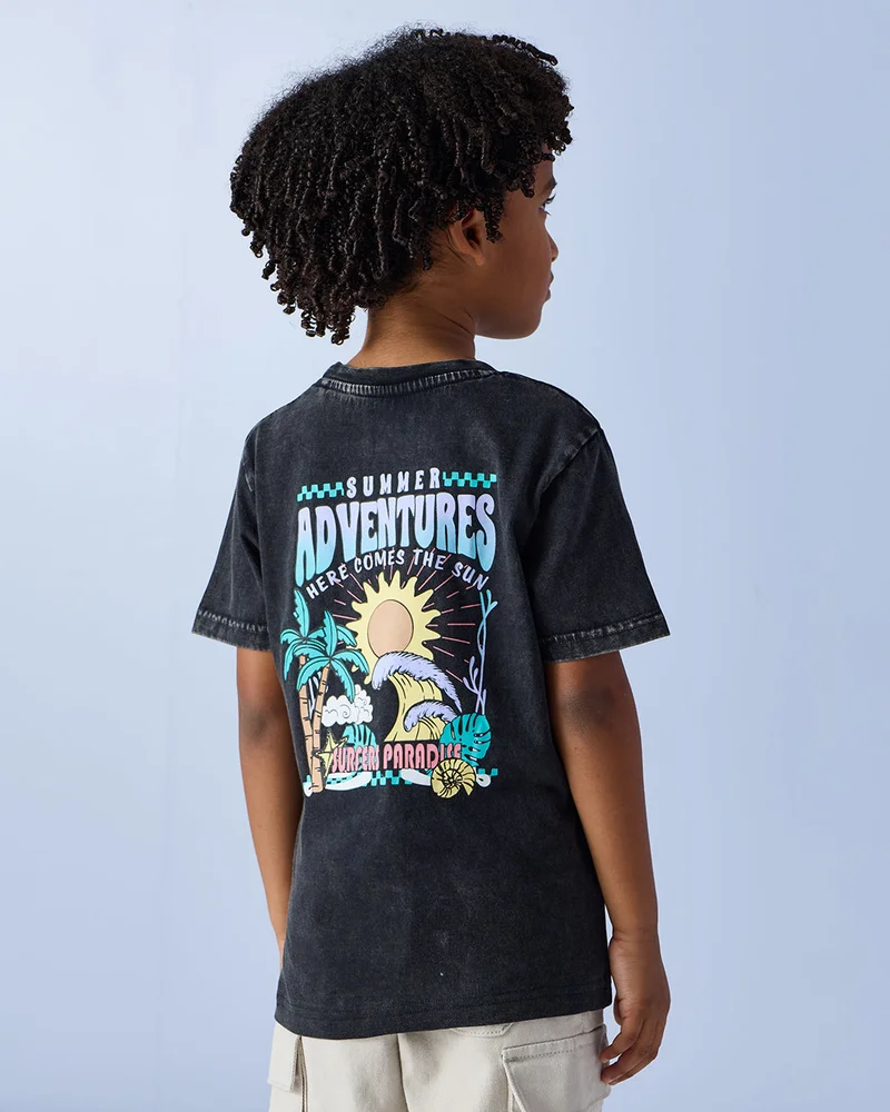 Redtag Boys Black Acid Wash T Shirt