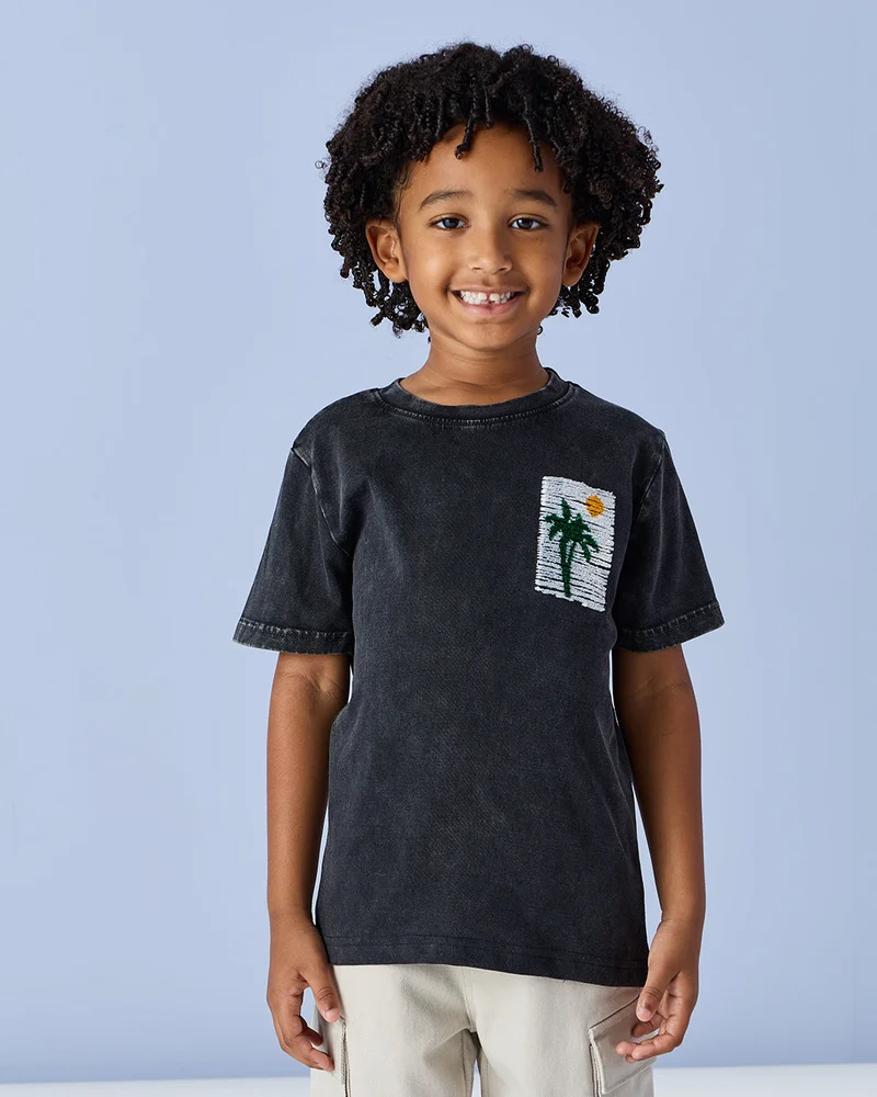 Redtag Boys Black Acid Wash T Shirt