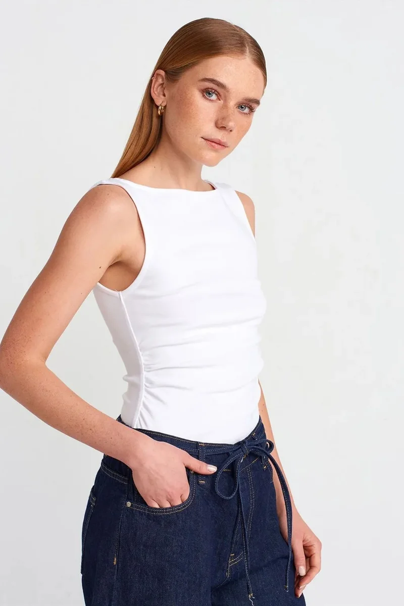 DILVIN Sleeveless Boat Neck Jersey Blouse