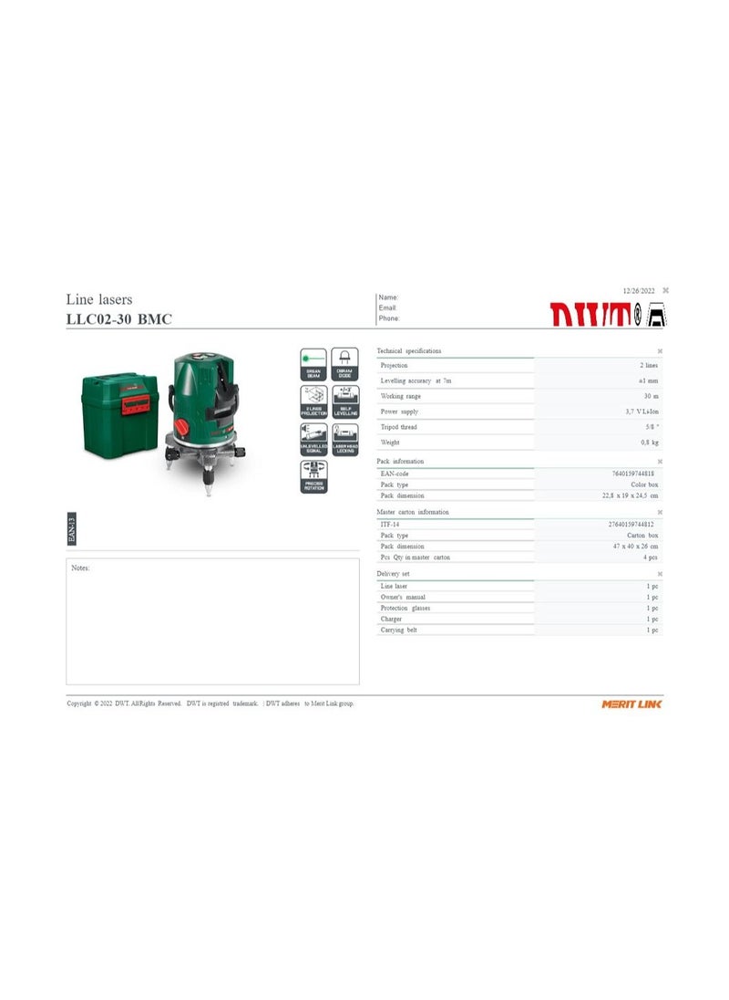 دوت - ميزان ليزر 2 خط 30 متر Llc02-30 Bmc أسود وأخضر - Image 1
