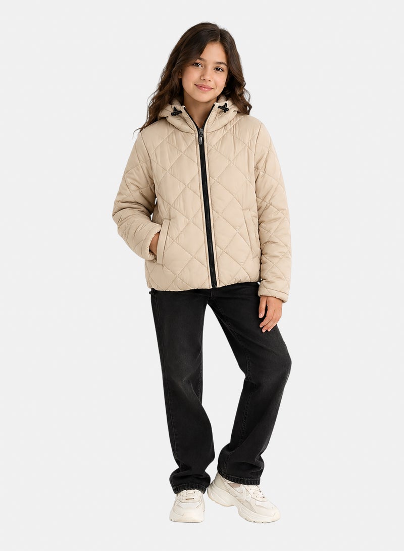 Andora Zipper Closure Hooded Pump Jacket - Light Beige - Image 1