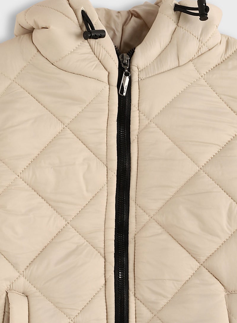 Andora Zipper Closure Hooded Pump Jacket - Light Beige - Image 5