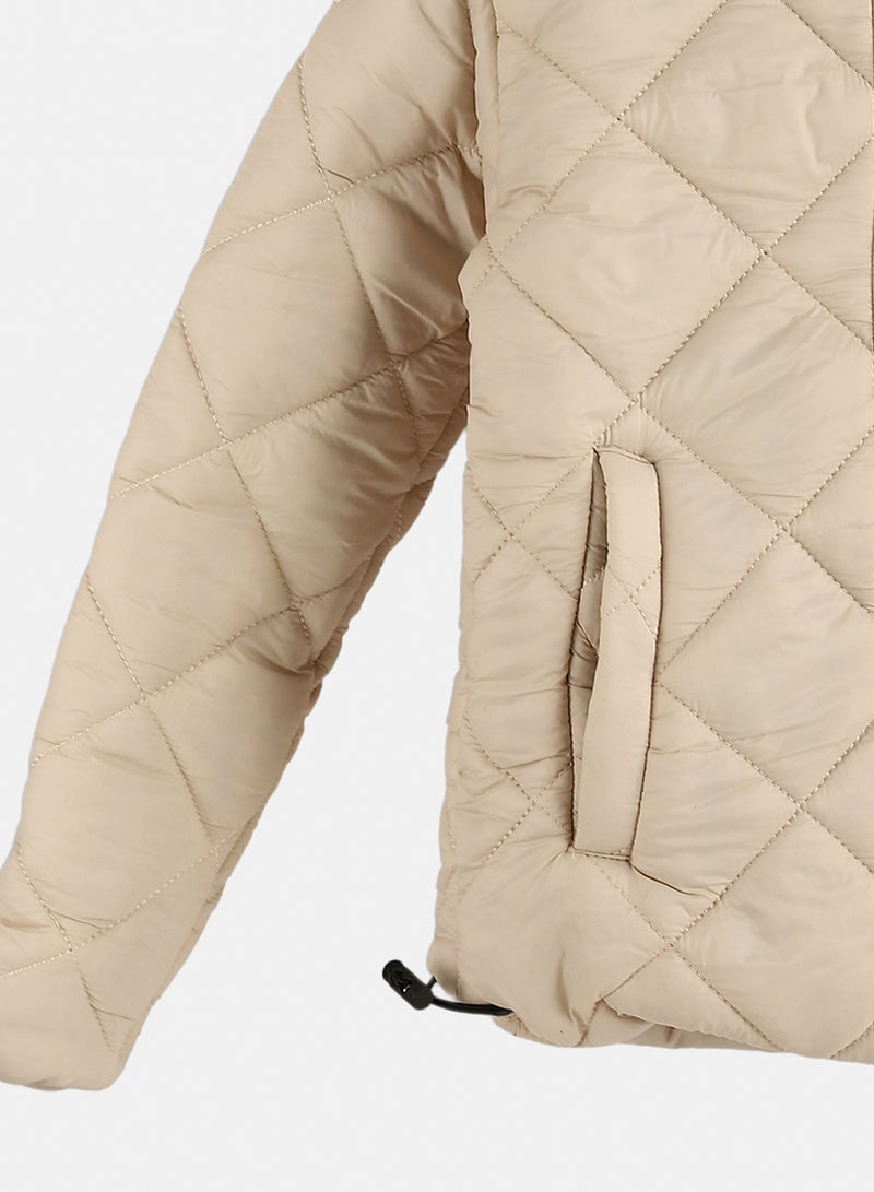 Andora Zipper Closure Hooded Pump Jacket - Light Beige - Image 3