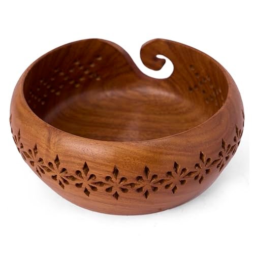 GURU JEE™ Handmade Wooden Yarn Bowl Wool Ball Holder Knitting Bowl Crochet Holder Gifts Showpiece (Natural_Brown_Jali_1) (1 Piece) - Image 4