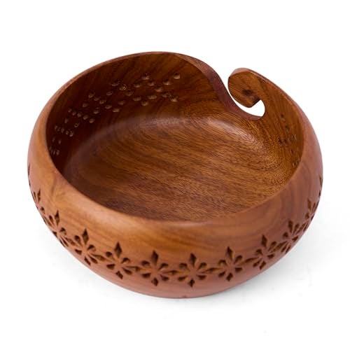 GURU JEE™ Handmade Wooden Yarn Bowl Wool Ball Holder Knitting Bowl Crochet Holder Gifts Showpiece (Natural_Brown_Jali_1) (1 Piece) - Image 5