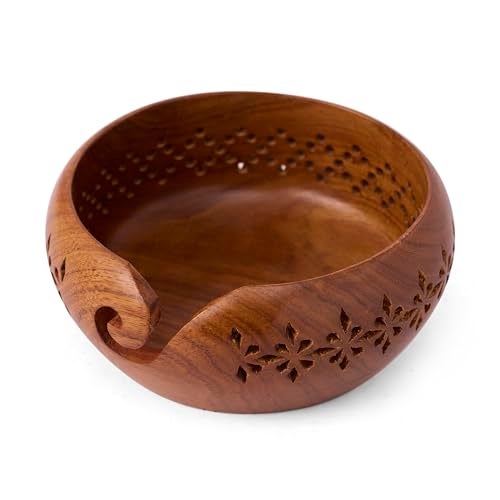 GURU JEE™ Handmade Wooden Yarn Bowl Wool Ball Holder Knitting Bowl Crochet Holder Gifts Showpiece (Natural_Brown_Jali_1) (1 Piece) - Image 3