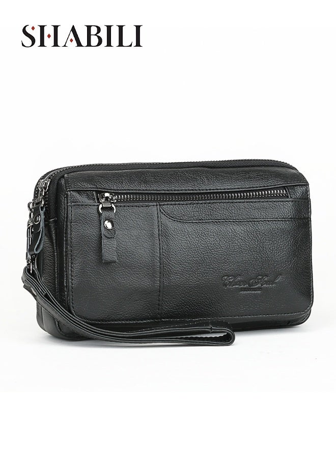 SHABILI Gents Genuine Leather Tote Bags Wallet Coin Purse Clutch Handbag, Men Multi-Pocket Organizer Wristlet Notebook Bag for Office Travel College Daily Casual Party Use, Secure Zipper Slots Student (Black) - Image 1