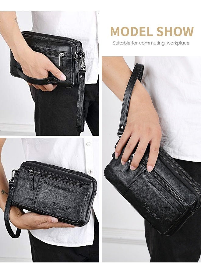 SHABILI Gents Genuine Leather Tote Bags Wallet Coin Purse Clutch Handbag, Men Multi-Pocket Organizer Wristlet Notebook Bag for Office Travel College Daily Casual Party Use, Secure Zipper Slots Student (Black) - Image 2