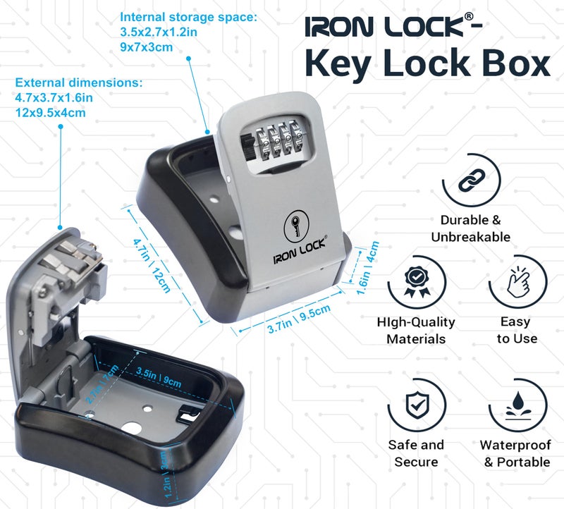 Iron Lock® Key Lock Box Wall Mount for Keys 4 Digit Combination with Resettable Code with A B Switch Indoor Outdoor Waterproof House Key lockbox for Spare House Keys 5 Capacity (Medium, Grey) - Image 4