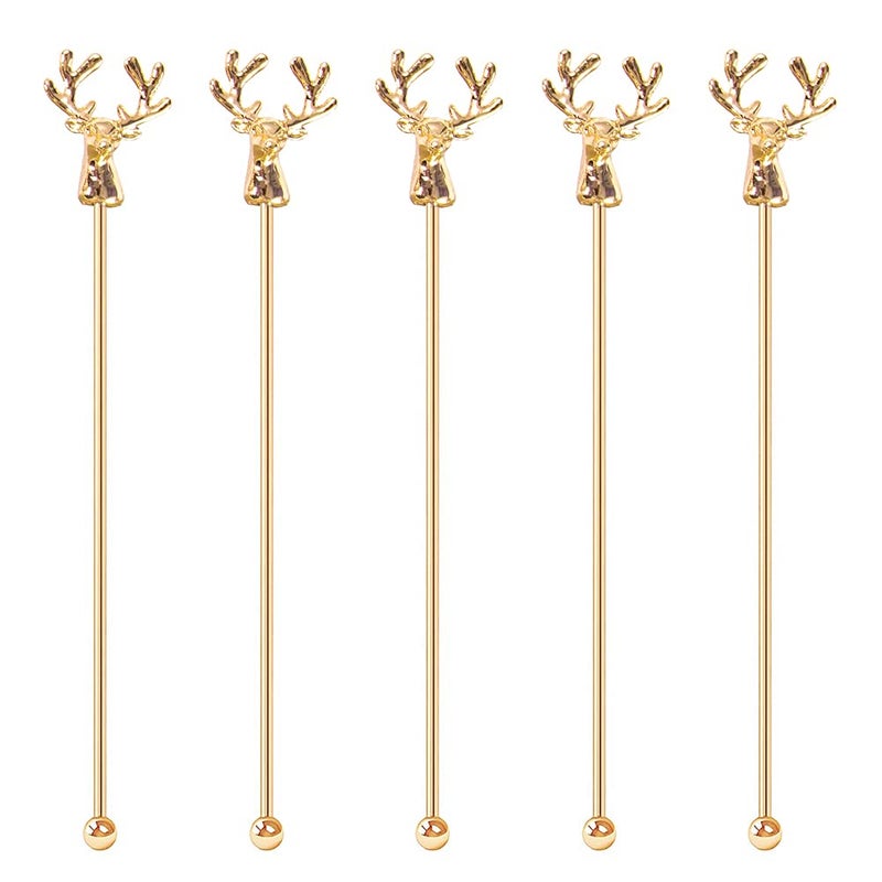 Mewuthede Mewuthede Swizzle Sticks5 Pcs Stainless Steel Reusable Deer Head Shape Cocktail Stirrer Coffee Beverage Stir Sticks for Cocktail Whiskey Hot Cocoa Creamer Gold 