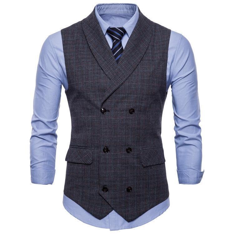 Men's Business Plaid Suit Vest Korean Style Slim-fit Fashion Double-breasted Vest - Image 1