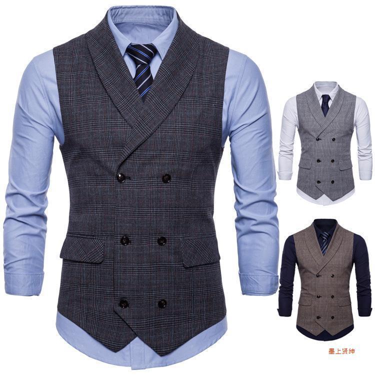 Men's Business Plaid Suit Vest Korean Style Slim-fit Fashion Double-breasted Vest - Image 3