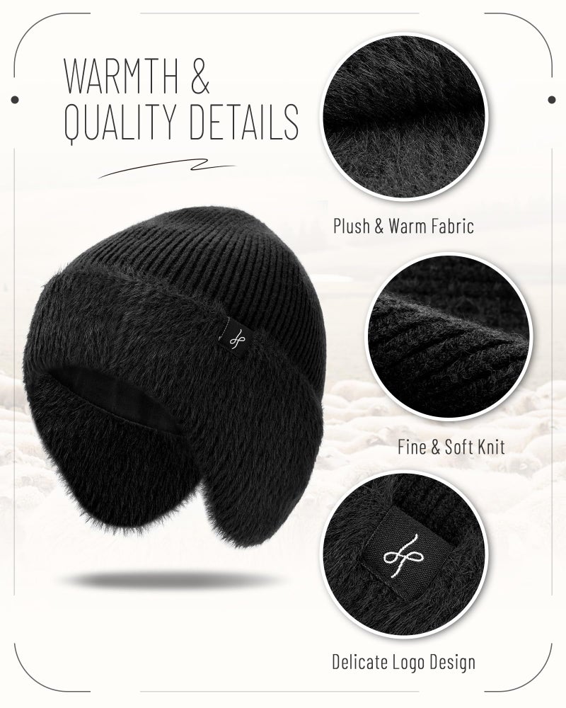 HAMUNI Winter Fleece-Lined Beanie with Earflaps, Warm Windproof Unisex Beanie Hat for Skiing, Hiking & Outdoor Winter Sports Pitch Black - Image 4